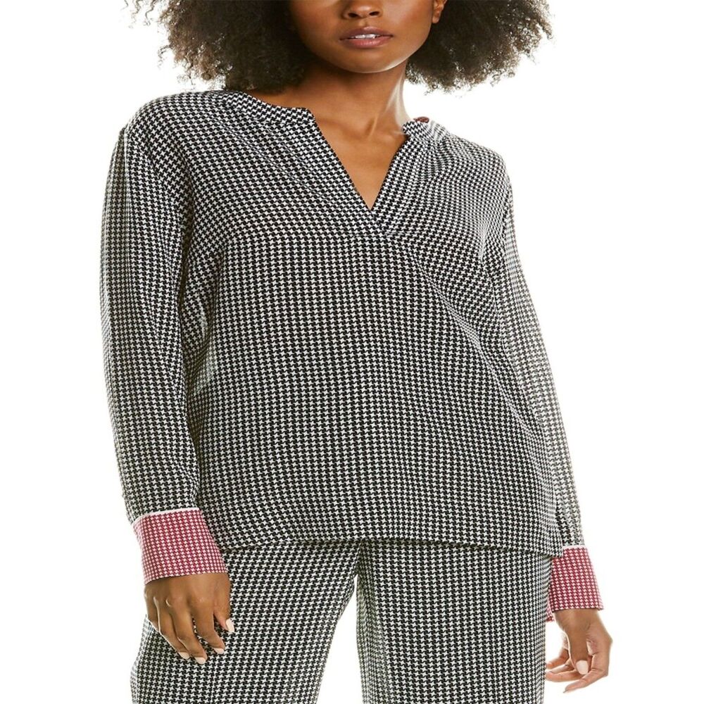 ESCADA Niassu Mini Houndstooth Checked Silk Blouse Sz 36 Small 6 Black White Red
